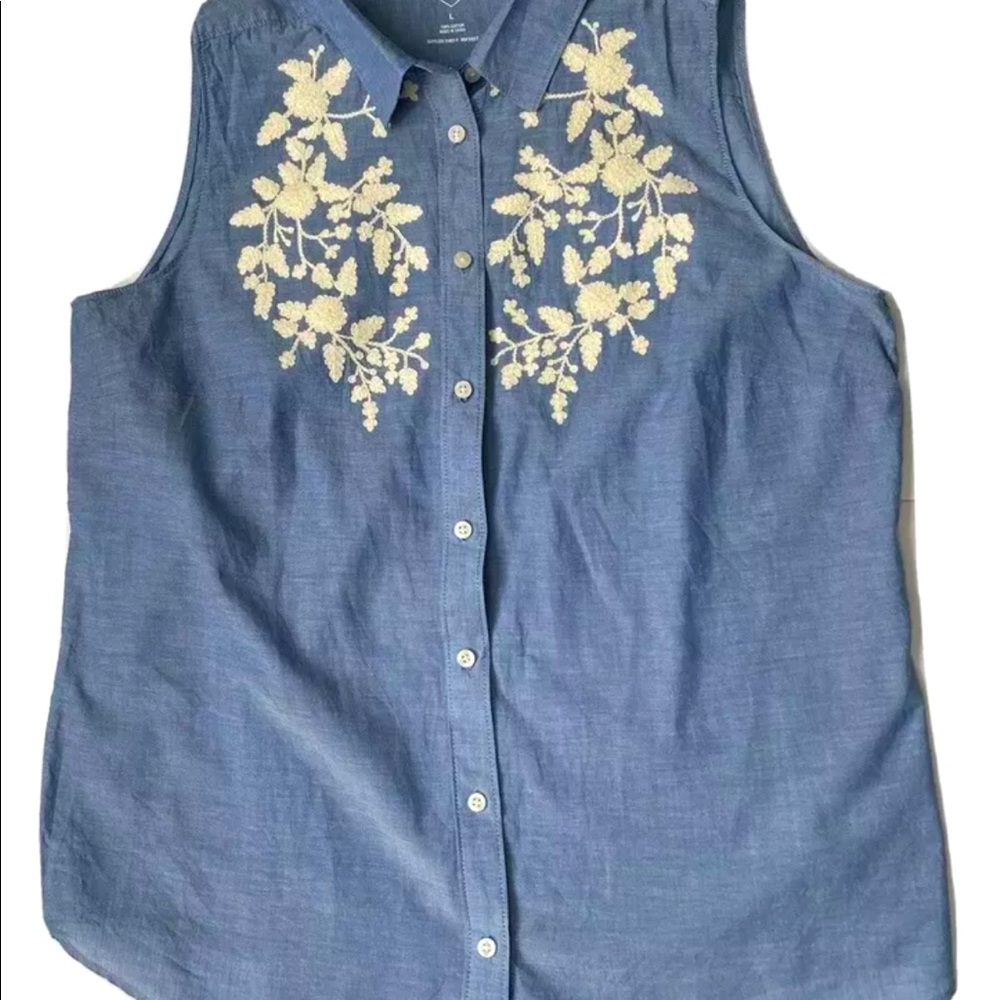 St John's Bay Blue w/ White Flowers Sleeveless